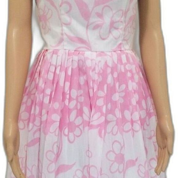 1950s Pink White Floral Handmade Pleated Fit Flare Short Sleeve Puffy Midi Dress - Picture 3 of 8